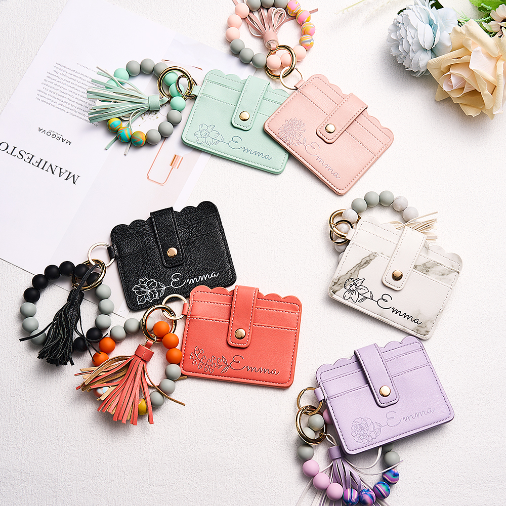 Personalized Birth Flower PU Leather Wallet with Beaded Bracelet Wallet Gift for Her
