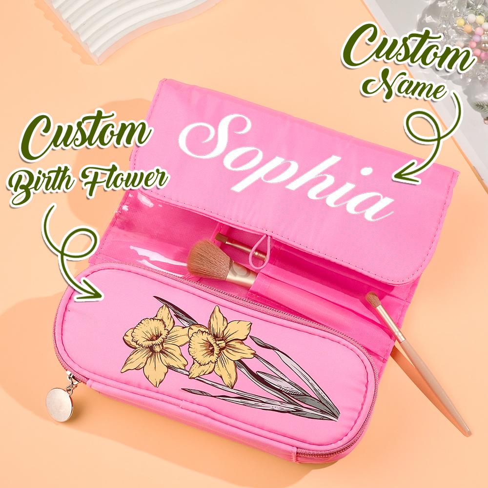 Personalized Birth Flower Makeup Brush Bag with Name Cosmetic Bag Birthday Gift for Women