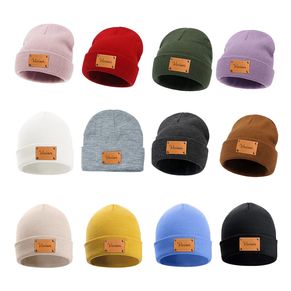 Personalized Baby Beanie Custom Name Leather Patch Beanie Gifts for Kids or Adult