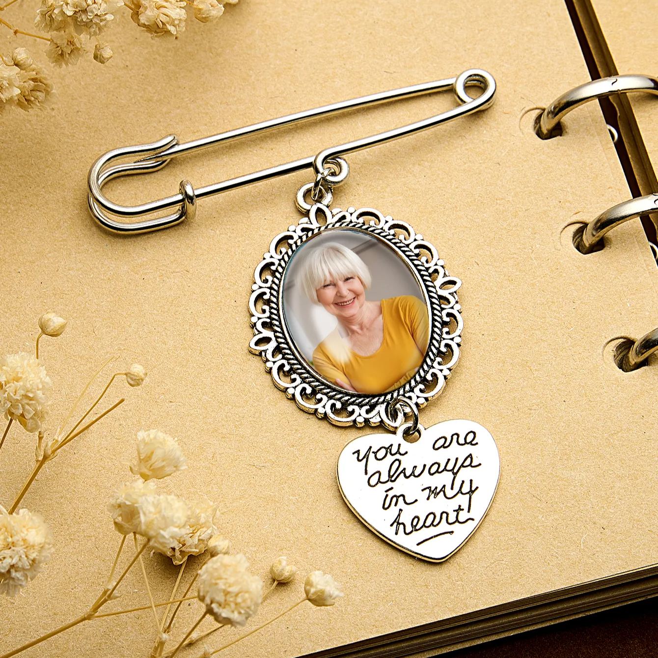 Personalized Angel Wings Pin Brooch Wedding Bouquet Photo Charm Wedding Memorial Gift for Bride