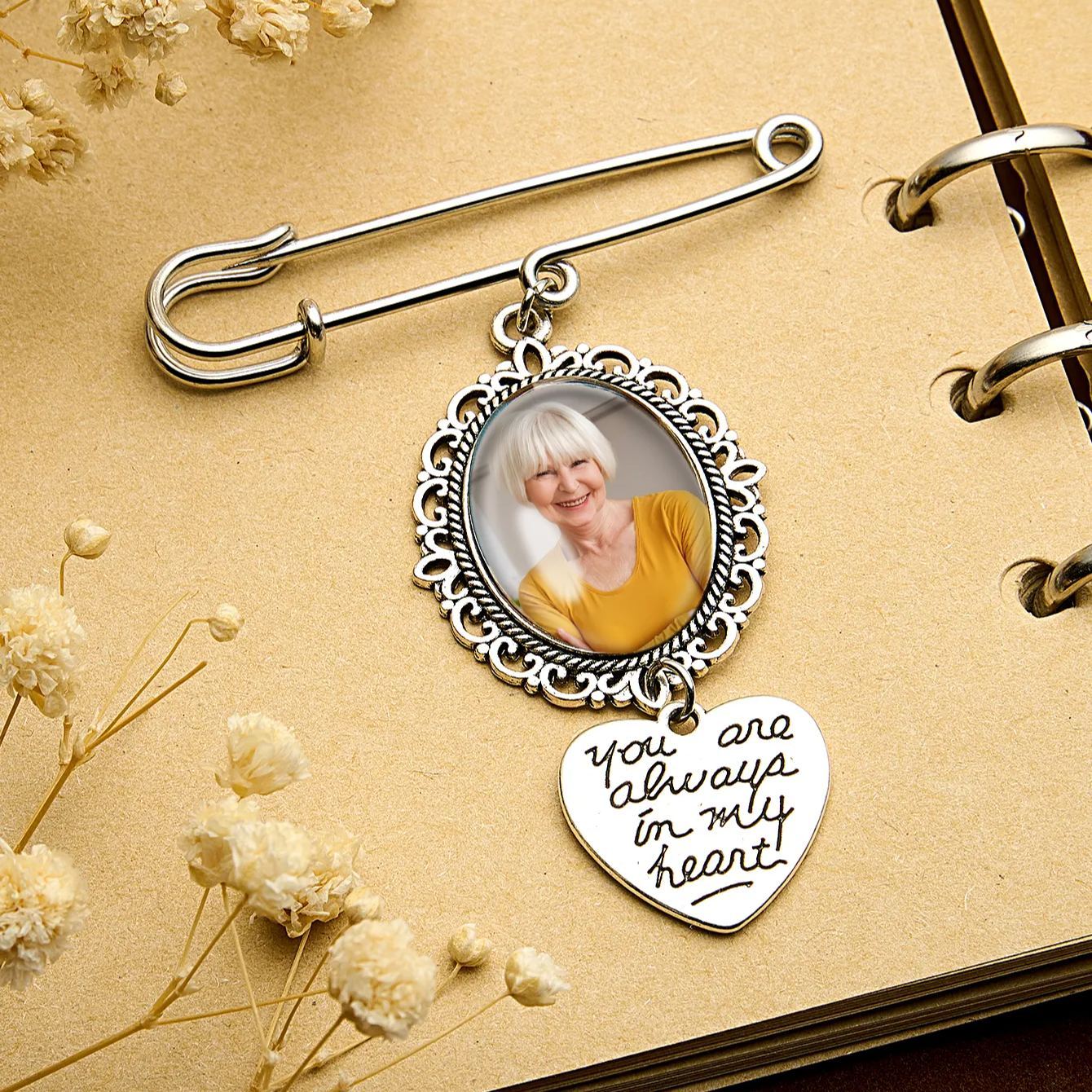 Personalized Angel Wings Pin Brooch Wedding Bouquet Photo Charm Wedding Memorial Gift for Bride