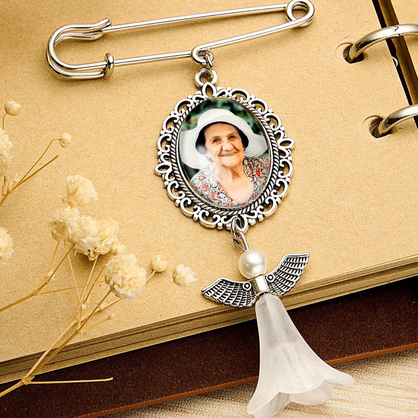 Personalized Angel Wings Pin Brooch Wedding Bouquet Photo Charm Wedding Memorial Gift for Bride