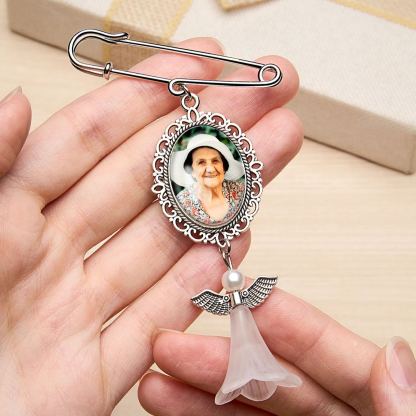 Personalized Angel Wings Pin Brooch Wedding Bouquet Photo Charm Wedding Memorial Gift for Bride