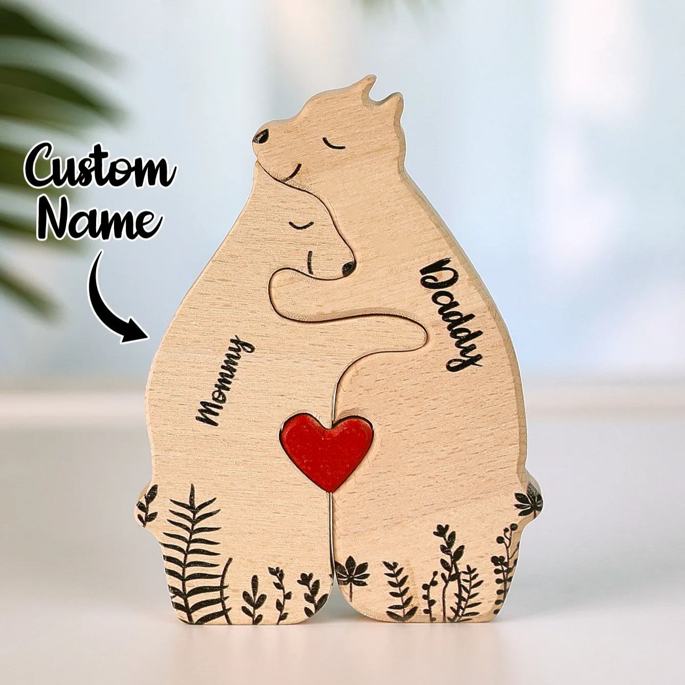 Custom Name Wooden Heart Bear Puzzle – Personalized Family Gift