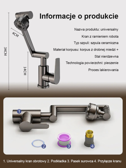 Zmień stary kran! Obrotowy 360° kran z ramieniem mechanicznym. Wysokiej jakości mosiądz i ceramiczny rdzeń.