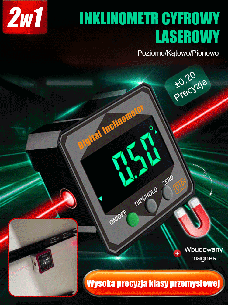 【Koniec z bałaganem w taśmach mierniczych!】⚙️ Silnie magnetyczny cyfrowy inklinometr i kątomierz. Wysoka dokładność.