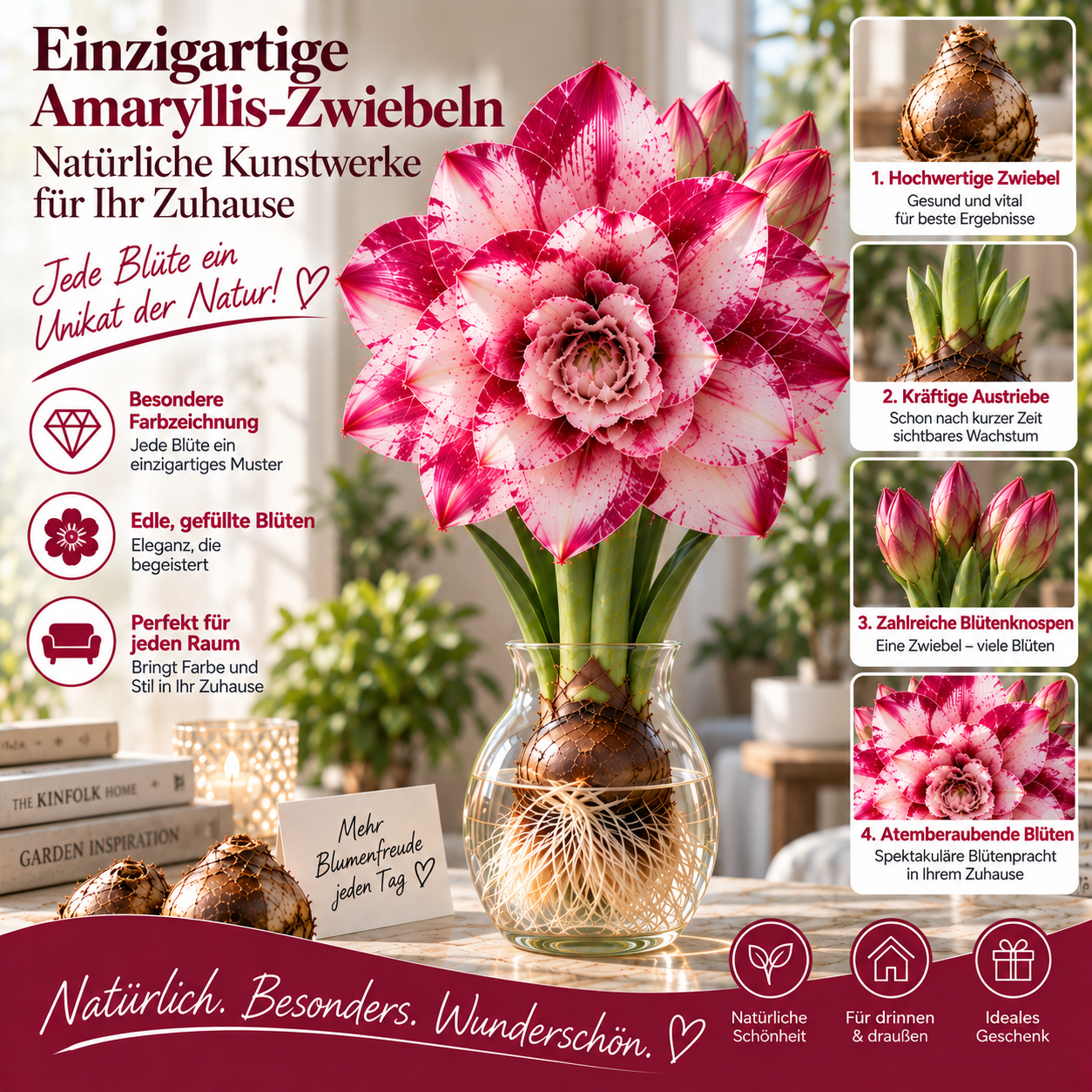 🌺 Mehrkopf-Amaryllis-Zwiebeln mit gefüllten XXL-Blüten – Für Wasser & Erde