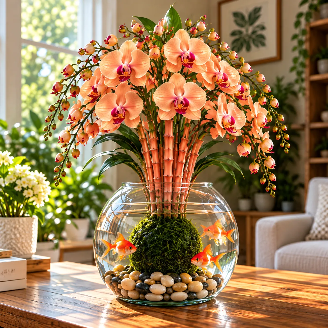 🌸 Rare Hydroponic Bamboo Orchid Moss Ball – Inspired Stems in a Beautiful Water Garden Display