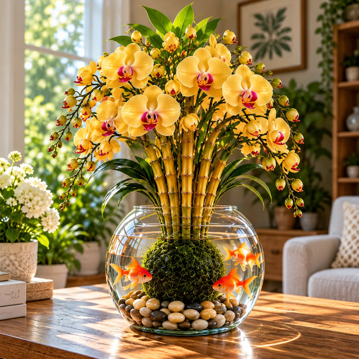 🌸 Rare Hydroponic Bamboo Orchid Moss Ball – Inspired Stems in a Beautiful Water Garden Display