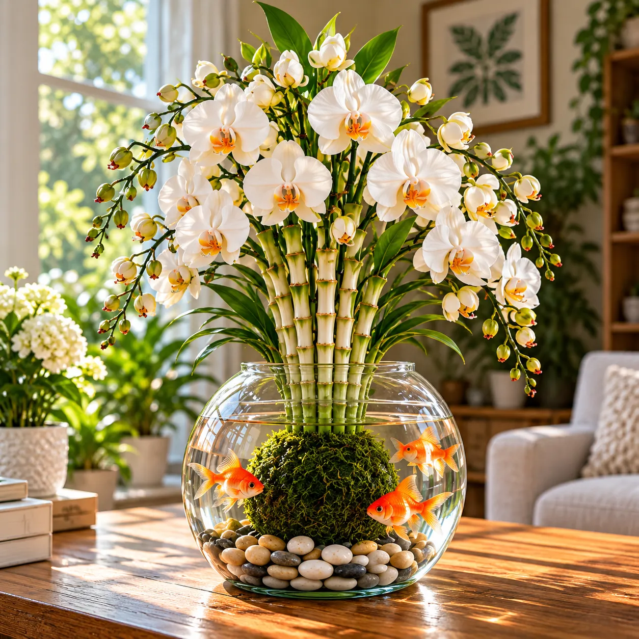 🌸 Rare Hydroponic Bamboo Orchid Moss Ball – Inspired Stems in a Beautiful Water Garden Display