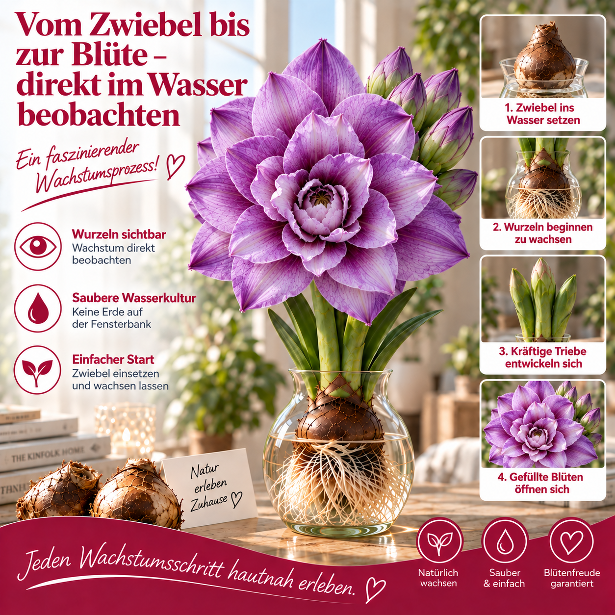 🌺 Mehrkopf-Amaryllis-Zwiebeln mit gefüllten XXL-Blüten – Für Wasser & Erde
