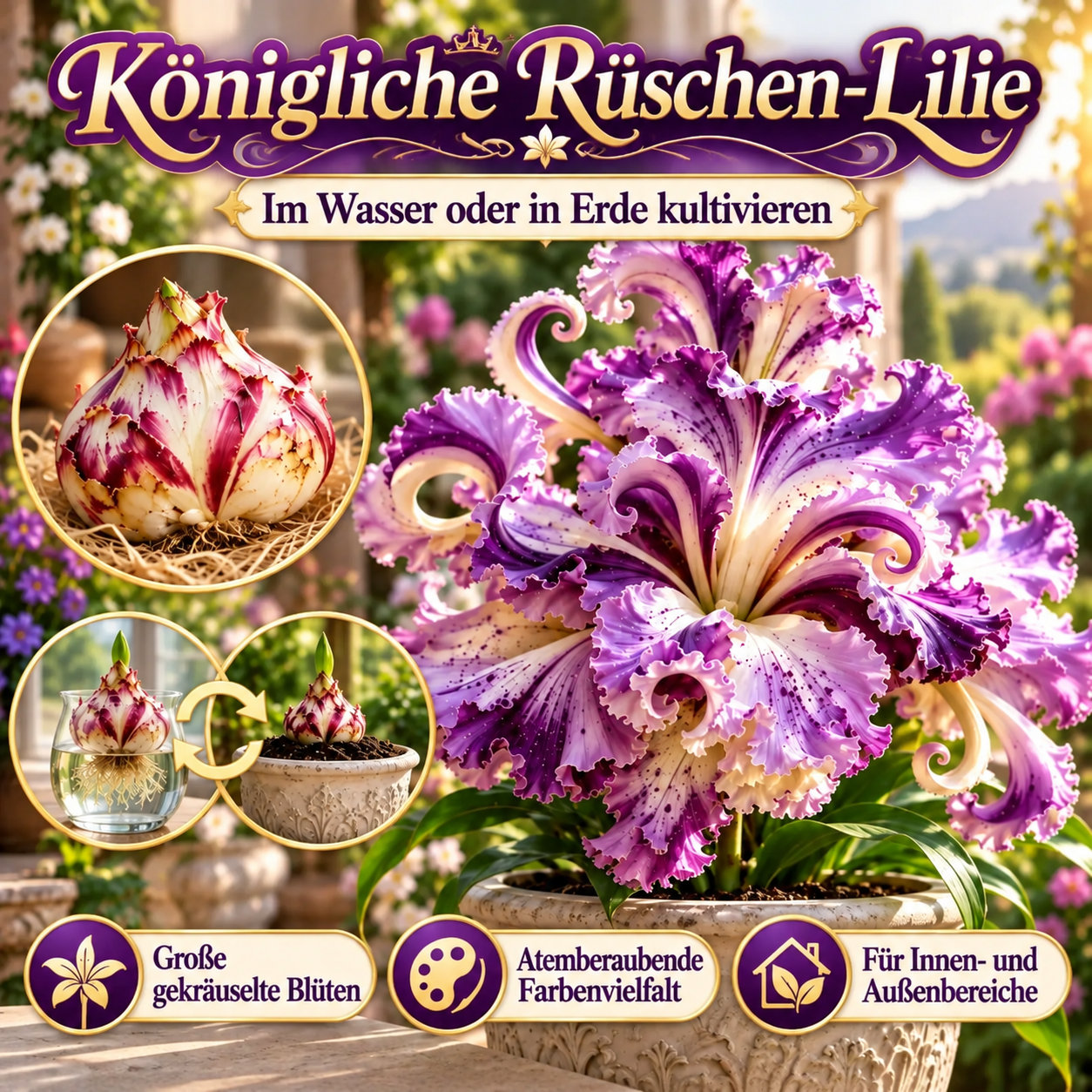 🌸 Royal Ruffle Fantasy Lilienzwiebeln – Wächst in Wasser oder Erde, riesige, gerüschte Blüten