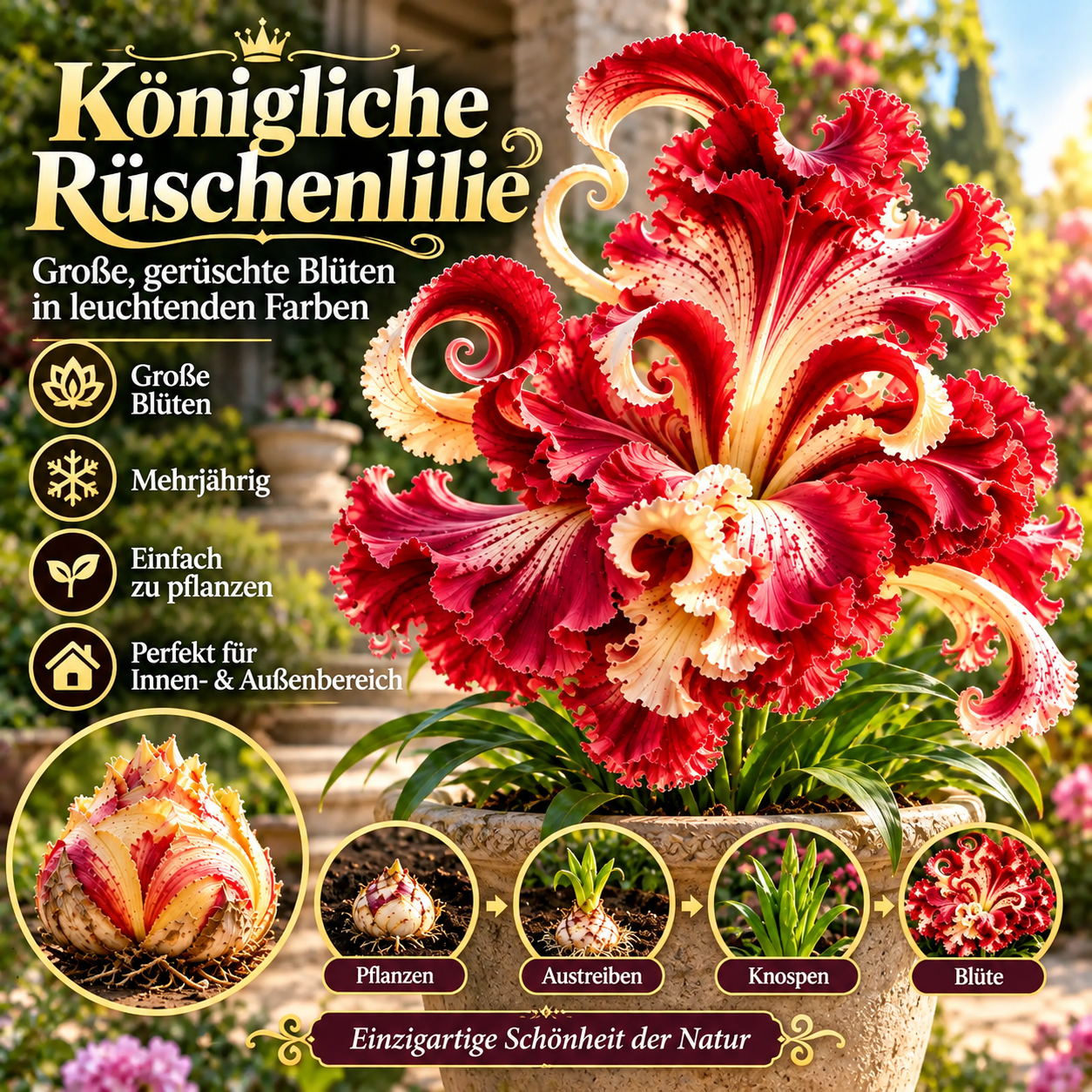 🌸 Royal Ruffle Fantasy Lilienzwiebeln – Wächst in Wasser oder Erde, riesige, gerüschte Blüten