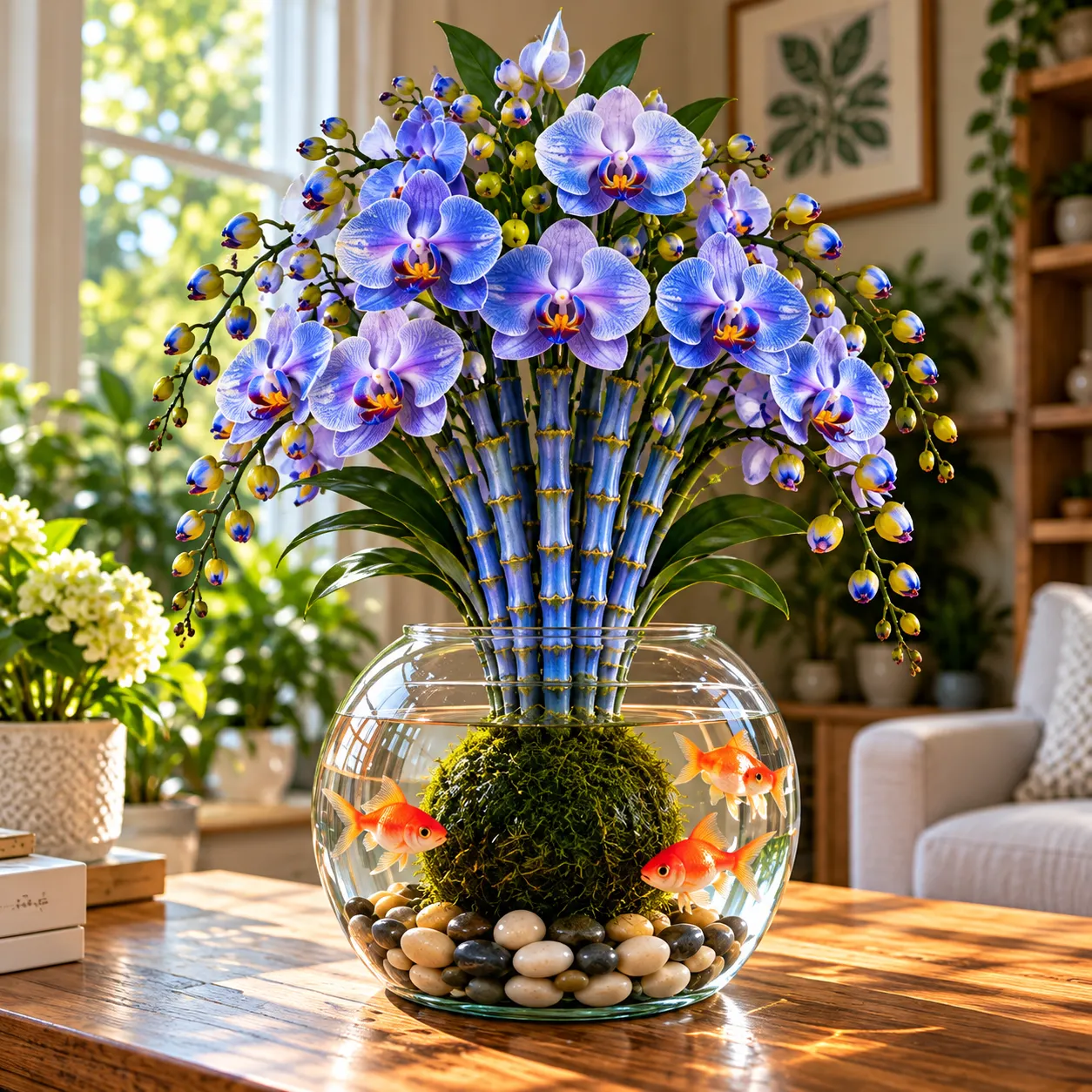 🌸 Rare Hydroponic Bamboo Orchid Moss Ball – Inspired Stems in a Beautiful Water Garden Display