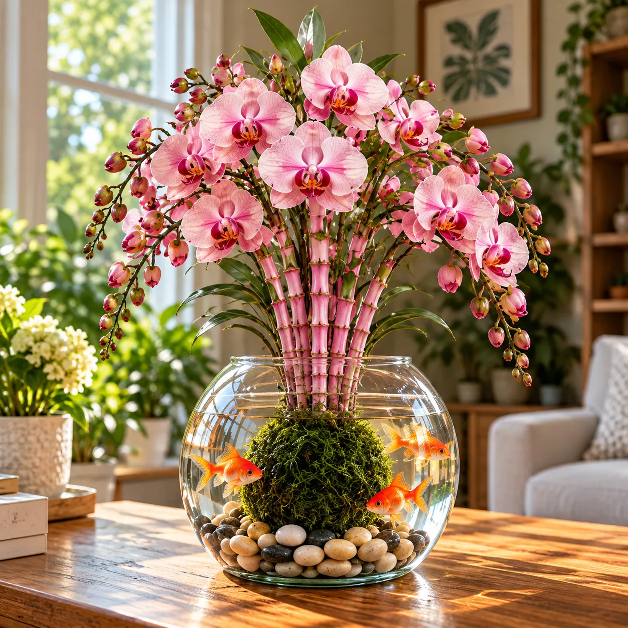 🌸 Rare Hydroponic Bamboo Orchid Moss Ball – Inspired Stems in a Beautiful Water Garden Display