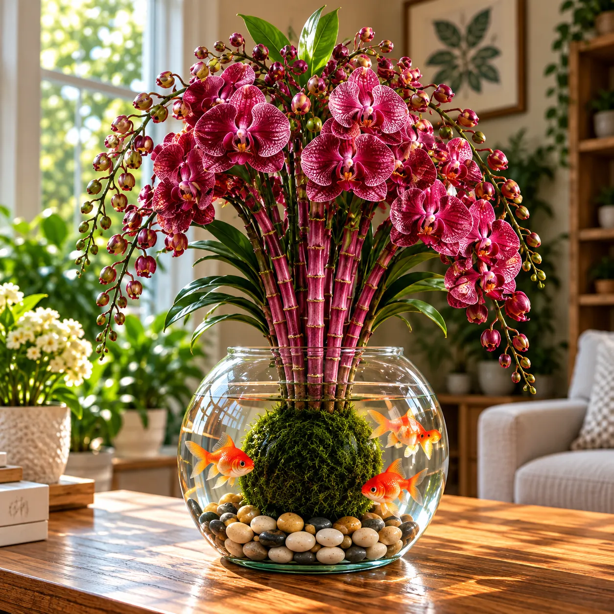 🌸 Rare Hydroponic Bamboo Orchid Moss Ball – Inspired Stems in a Beautiful Water Garden Display