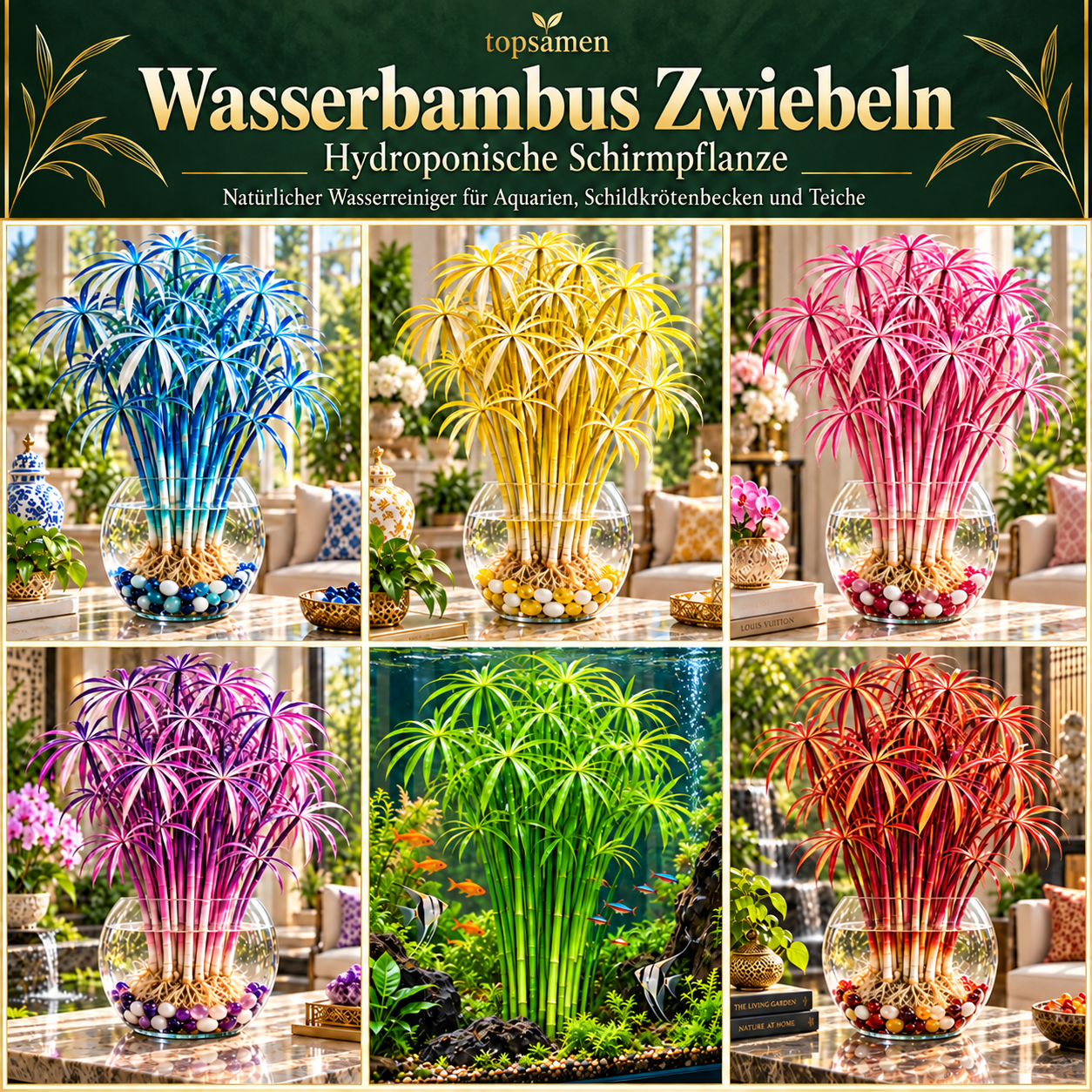 🌿Wasserbambus Zwiebeln – Hydroponische Schirmpflanze – Natürlicher Wasserreiniger für Aquarien, Schildkrötenbecken und Teiche