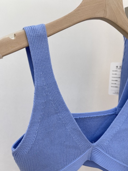 Light Blue Knitted Set: Cross - Design Camisole & Side - Slit Skirt