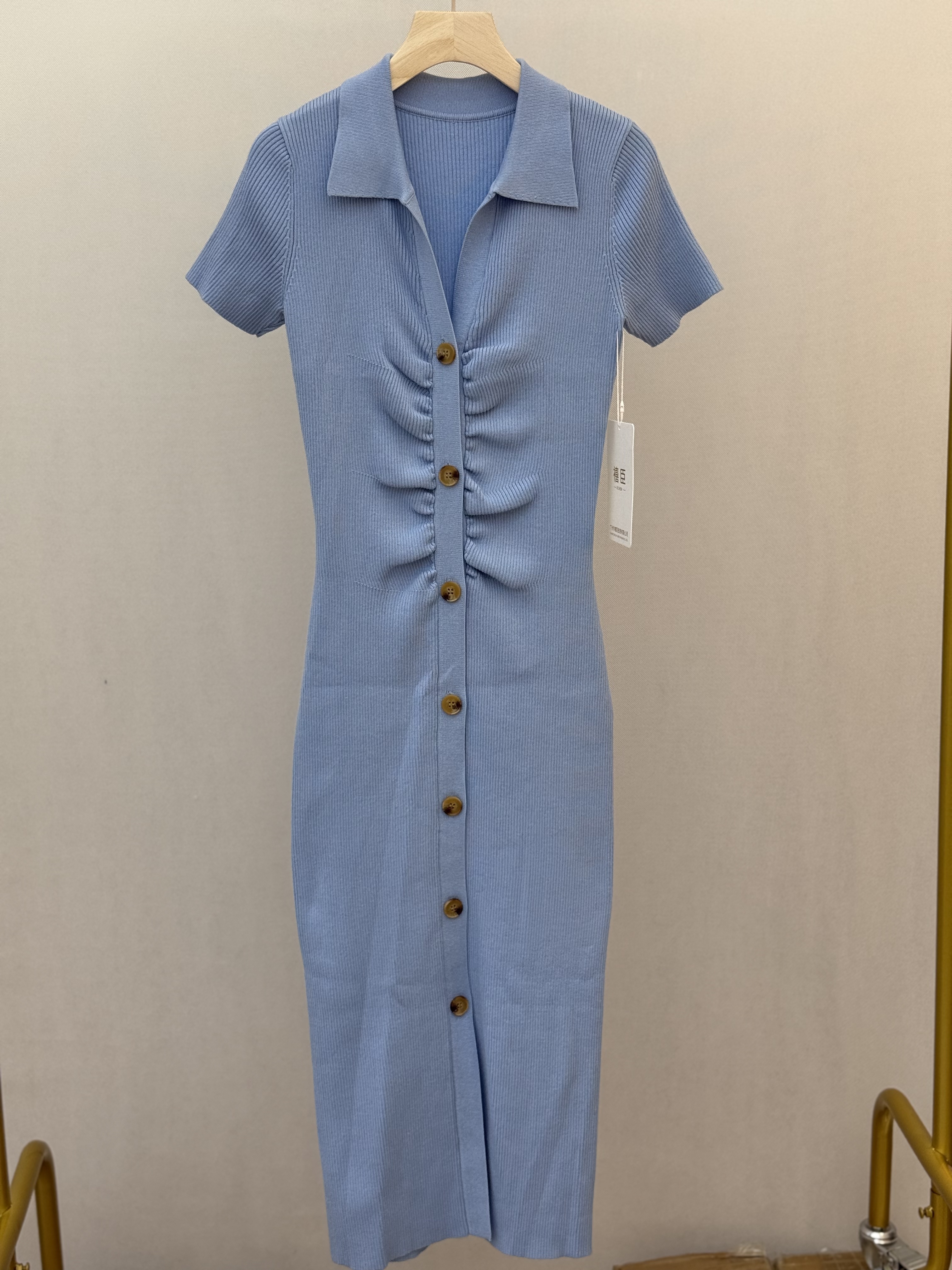Light Blue Ribbed Knit Shirt Dress with Ruched Buttons