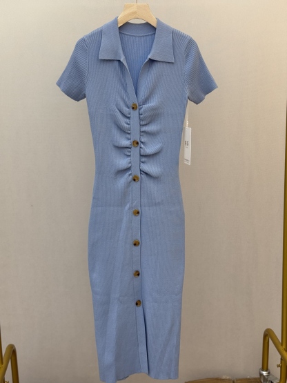 Light Blue Ribbed Knit Shirt Dress with Ruched Buttons