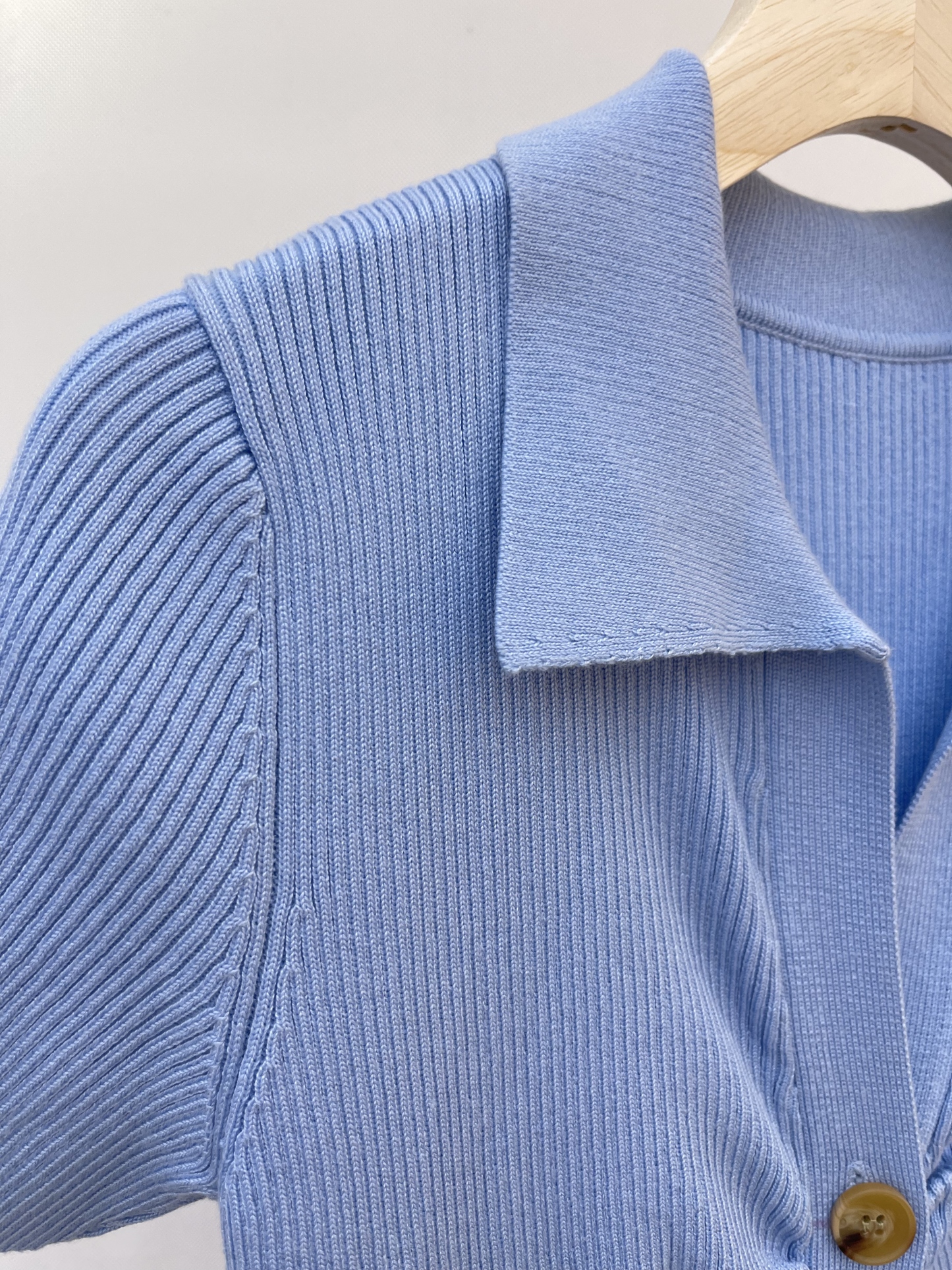 Light Blue Ribbed Knit Shirt Dress with Ruched Buttons