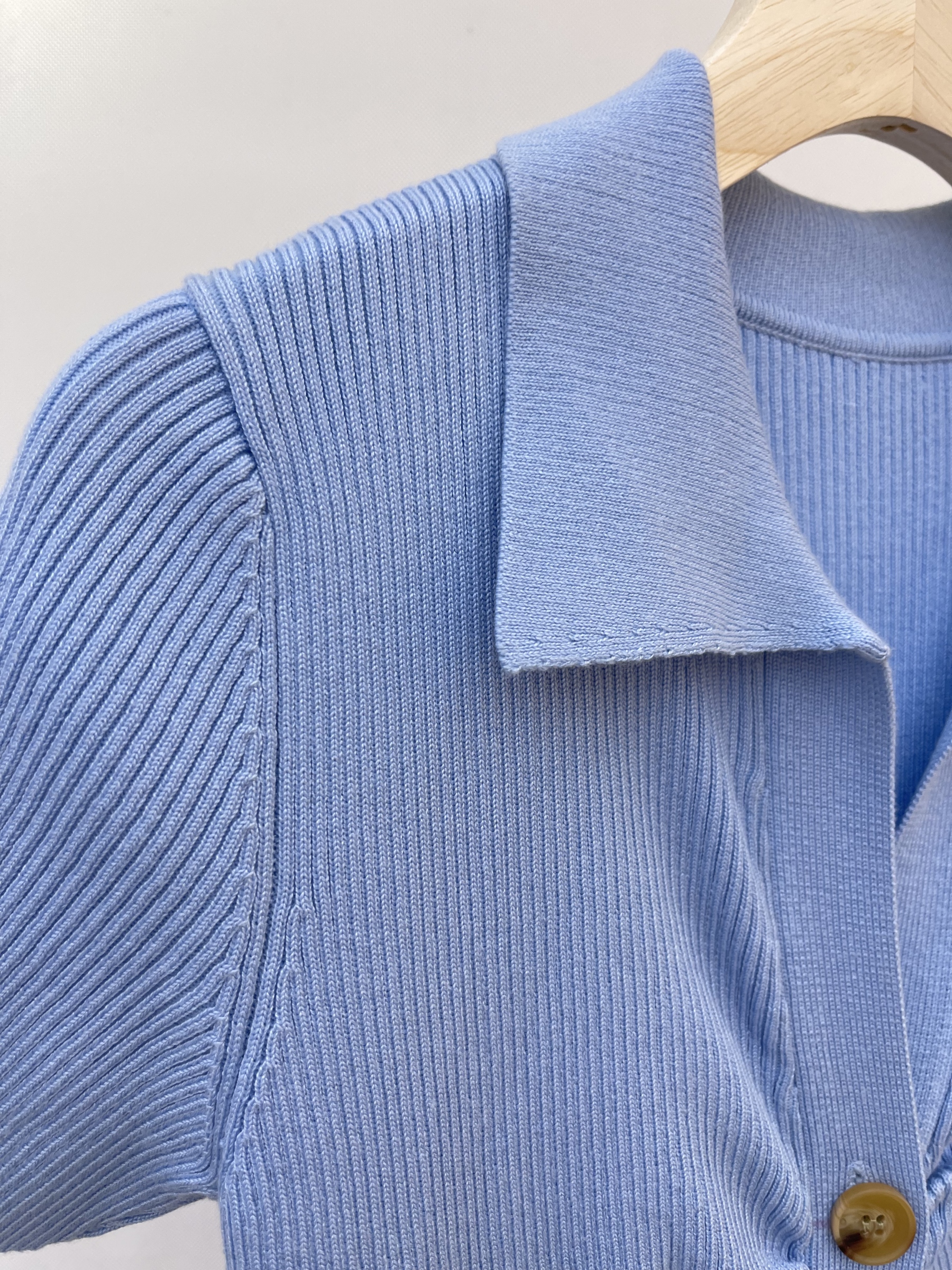 Light Blue Ribbed Knit Shirt Dress with Ruched Buttons