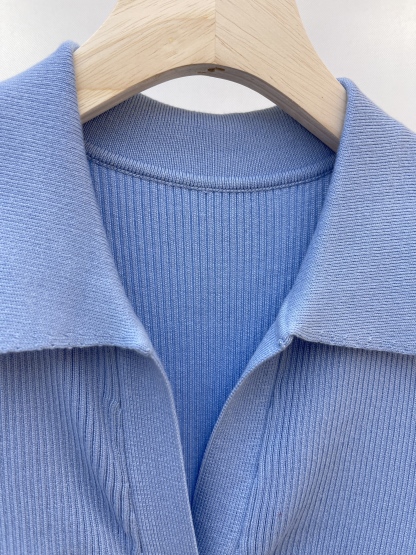 Light Blue Ribbed Knit Shirt Dress with Ruched Buttons