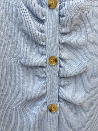 Light Blue Ribbed Knit Shirt Dress with Ruched Buttons