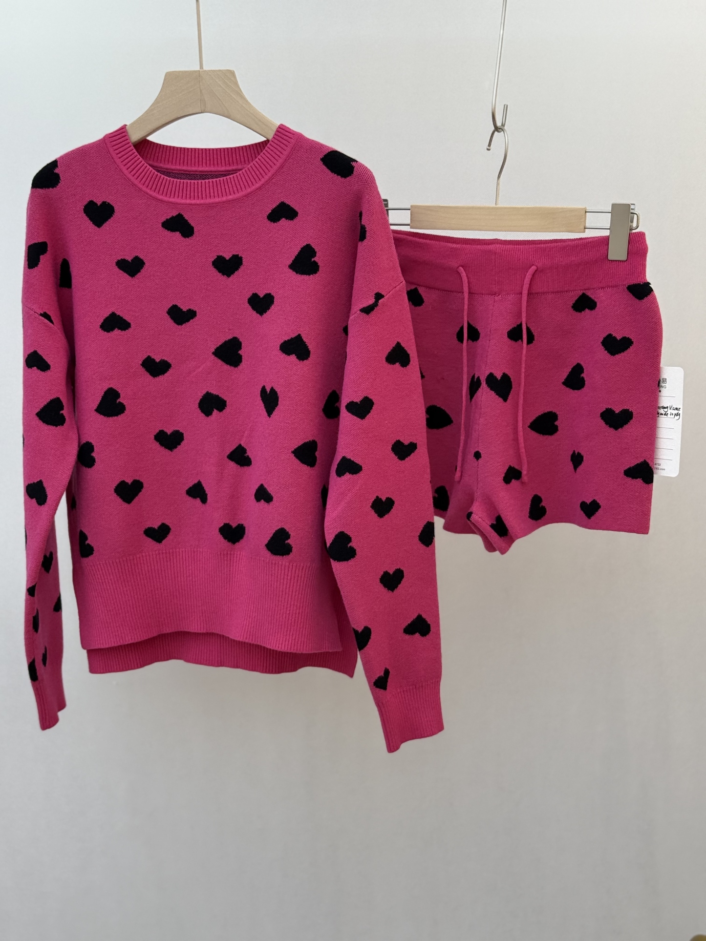 Pink Knit Set with Black Heart Patterns
