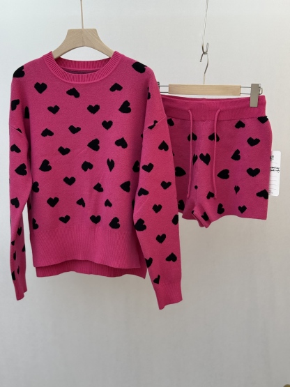 Pink Knit Set with Black Heart Patterns
