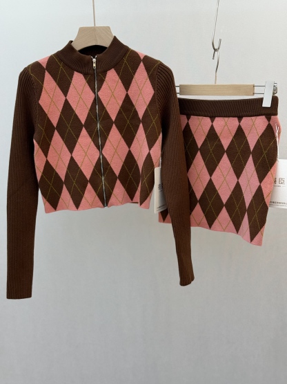 Argyle - Print Knit Set: Zip - up Jacket and Skirt