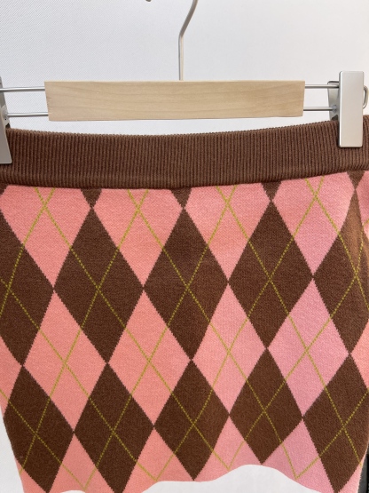 Argyle - Print Knit Set: Zip - up Jacket and Skirt