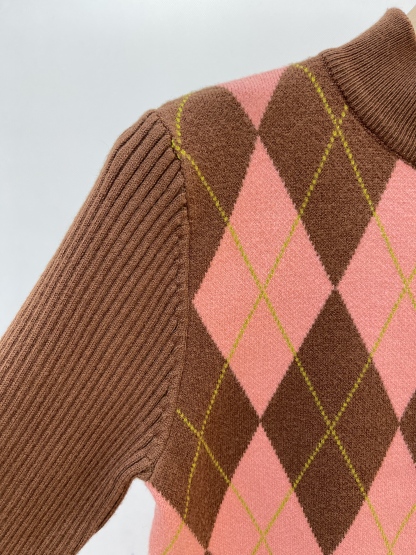 Argyle - Print Knit Set: Zip - up Jacket and Skirt