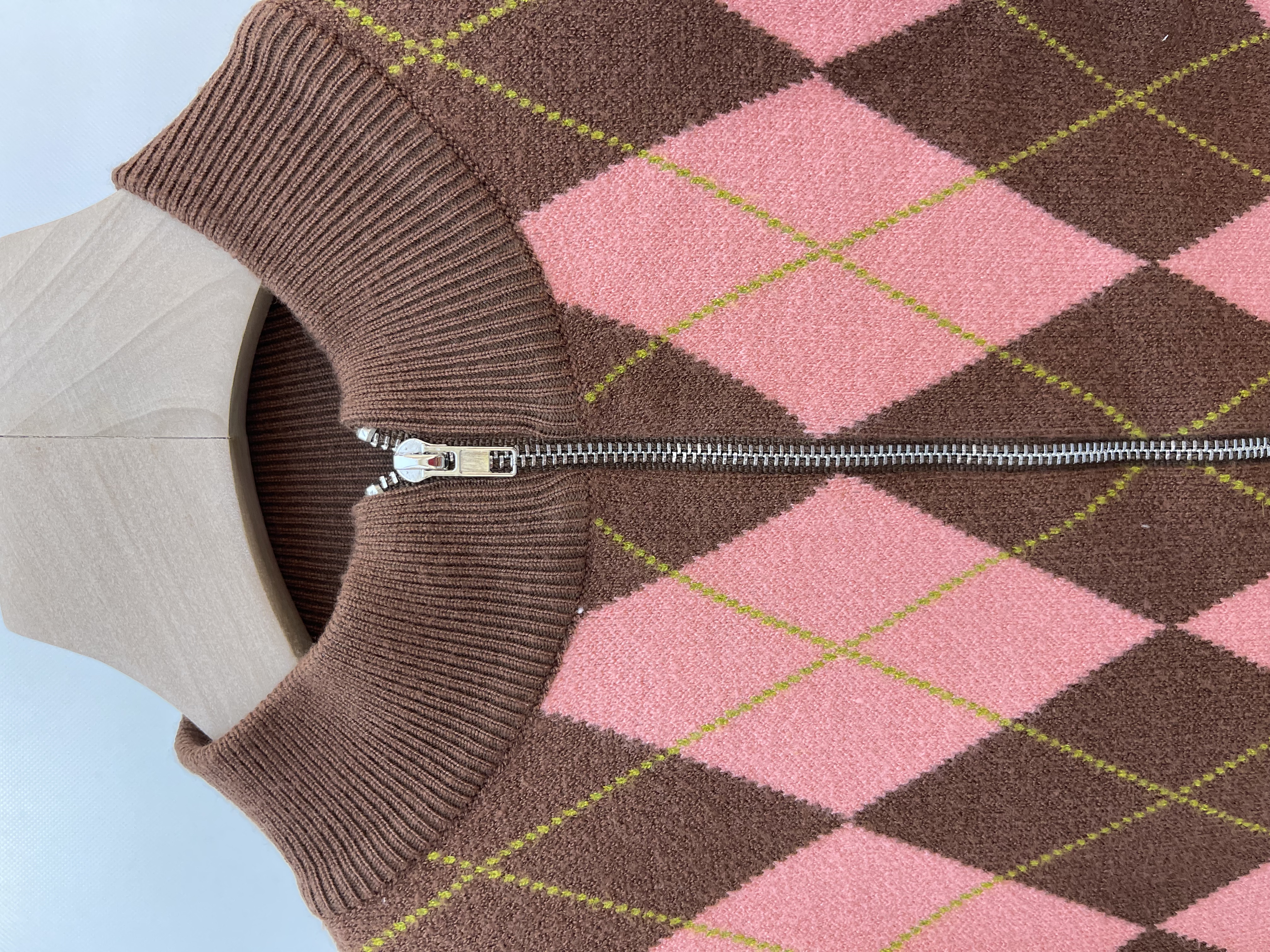 Argyle - Print Knit Set: Zip - up Jacket and Skirt