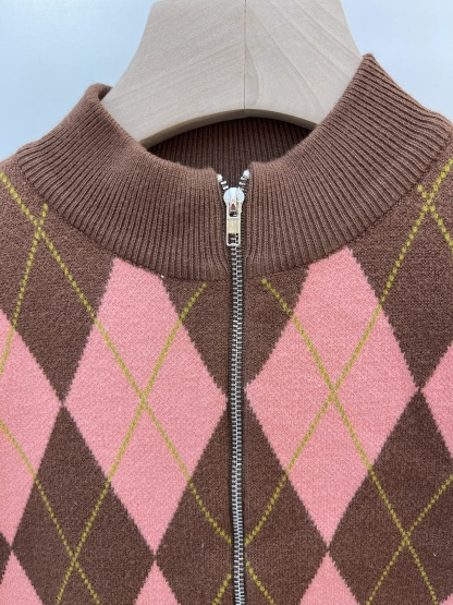 Argyle - Print Knit Set: Zip - up Jacket and Skirt