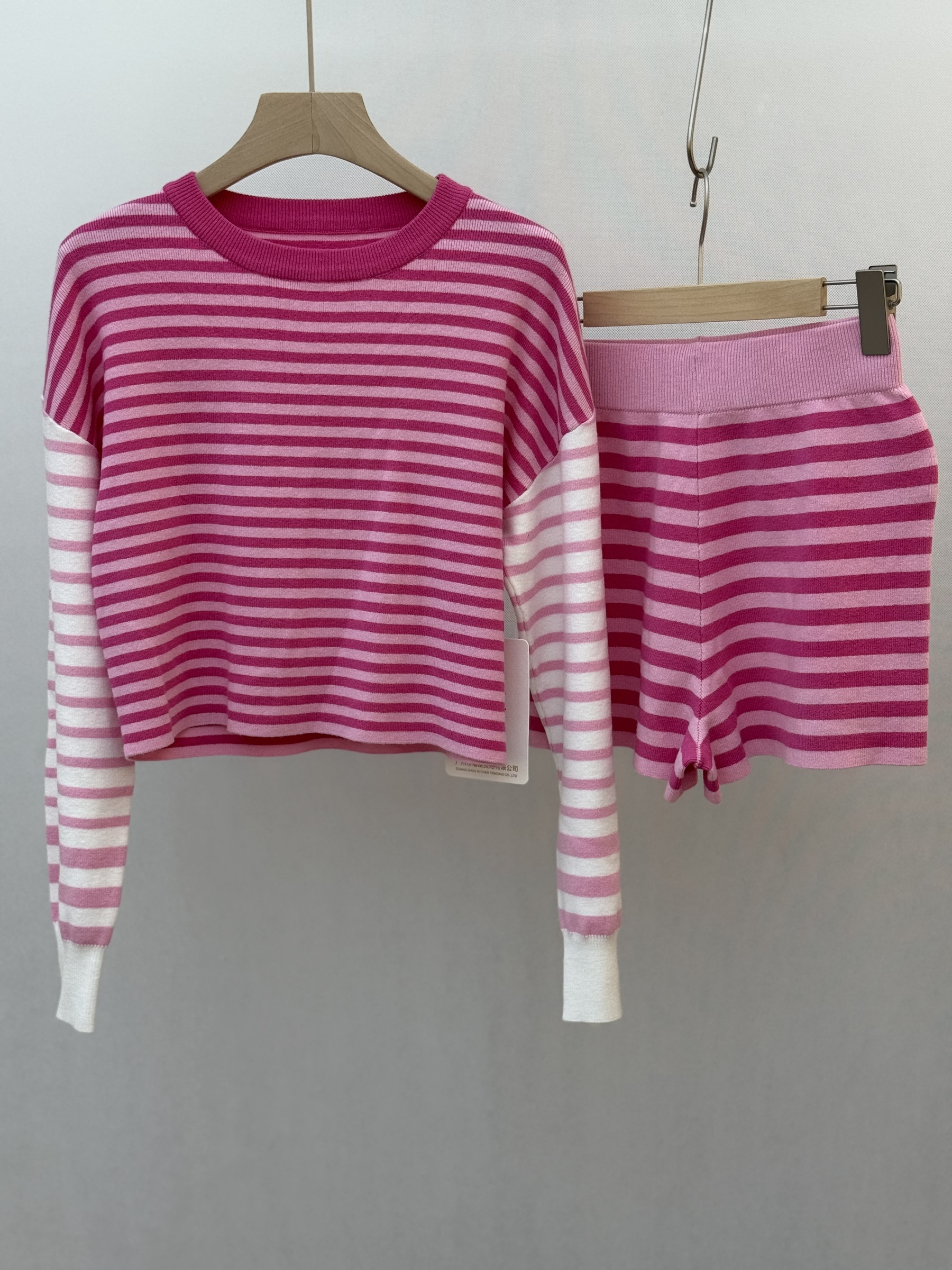 Pink and White Striped Knitted Two - piece