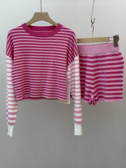 Pink and White Striped Knitted Two - piece