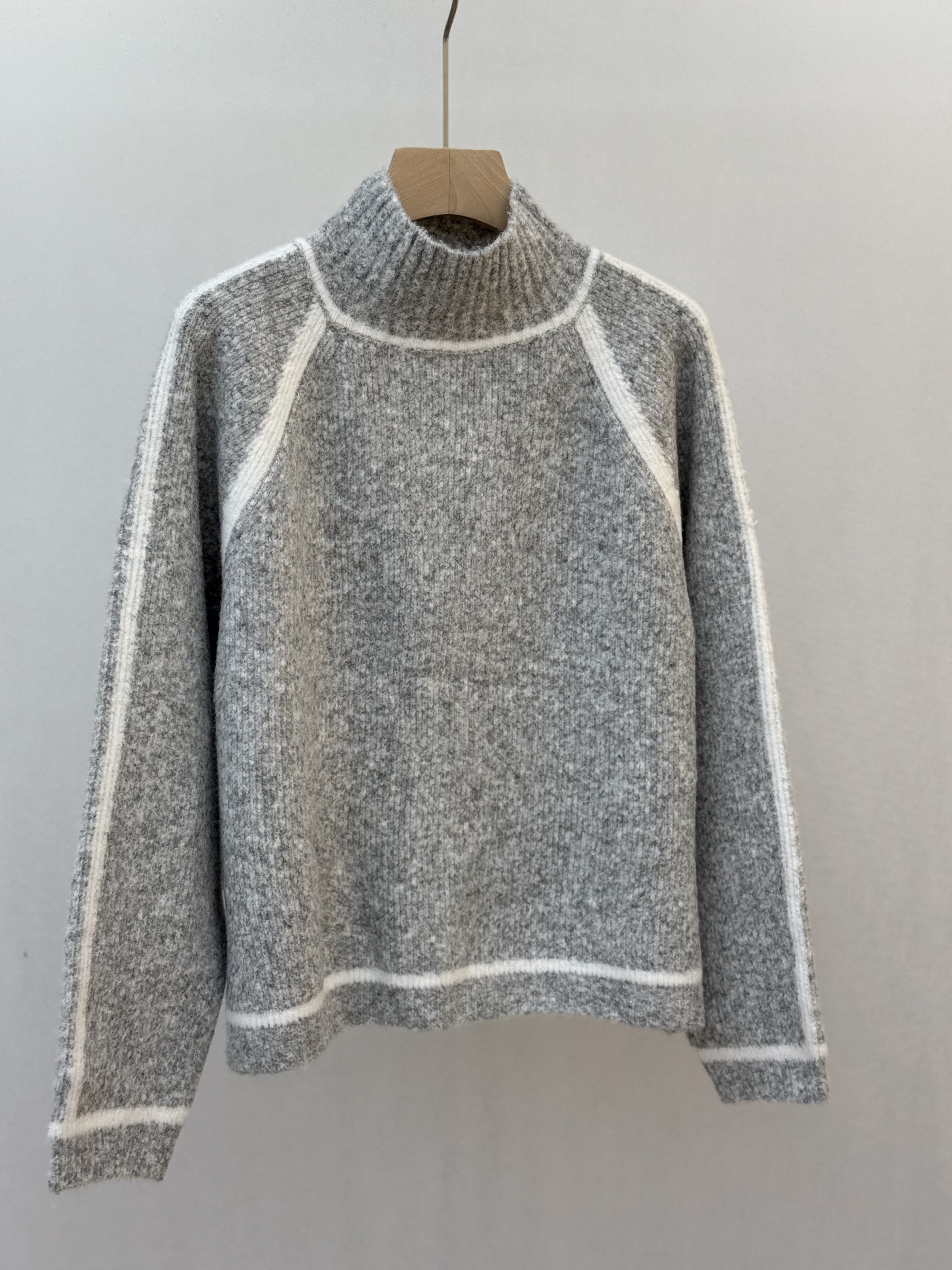 Striped - Trimmed Grey Knit Turtleneck Top