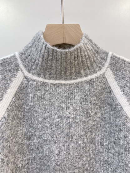 Striped - Trimmed Grey Knit Turtleneck Top
