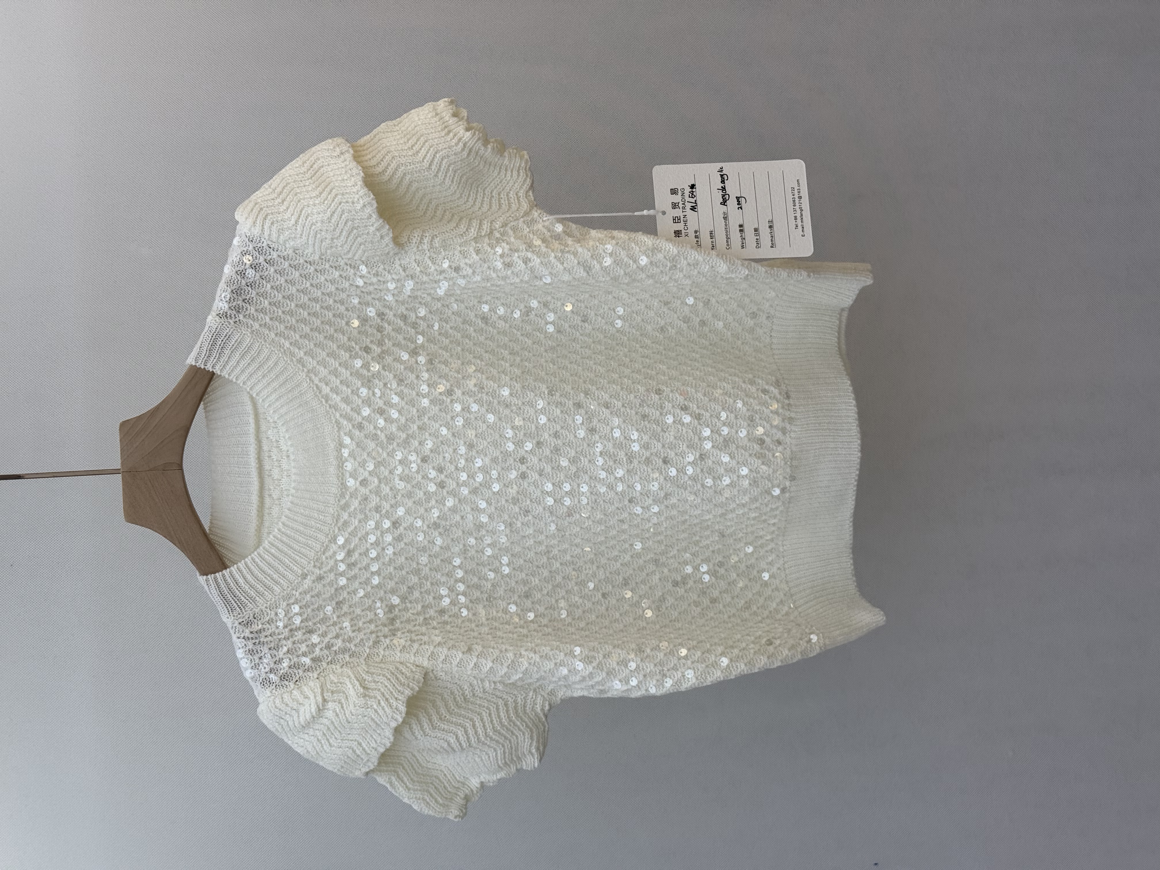  Sequin - Embellished White Knit Short - sleeve Top