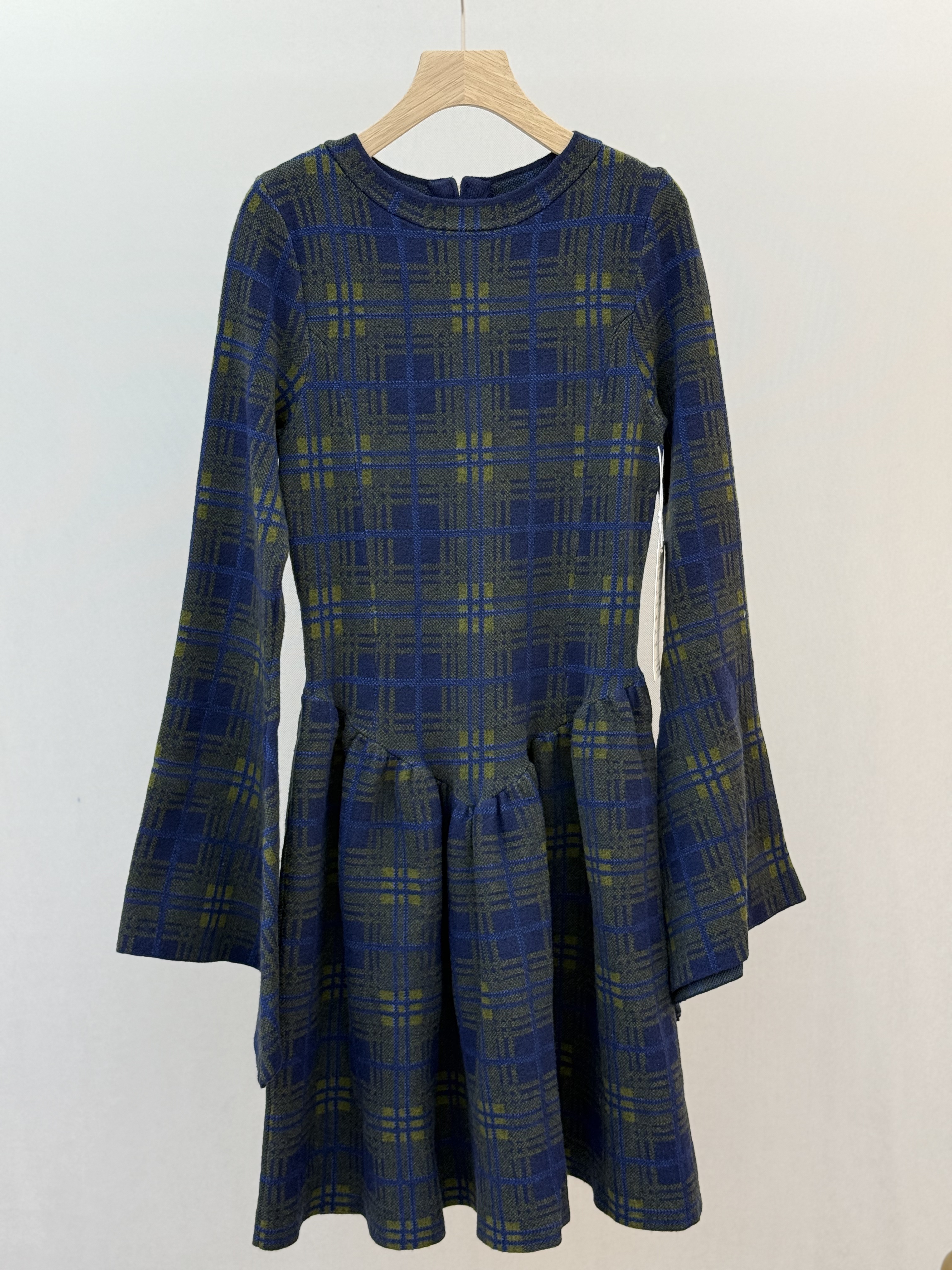 Blue and Green Checkered Knit Dress with Bell Sleeves