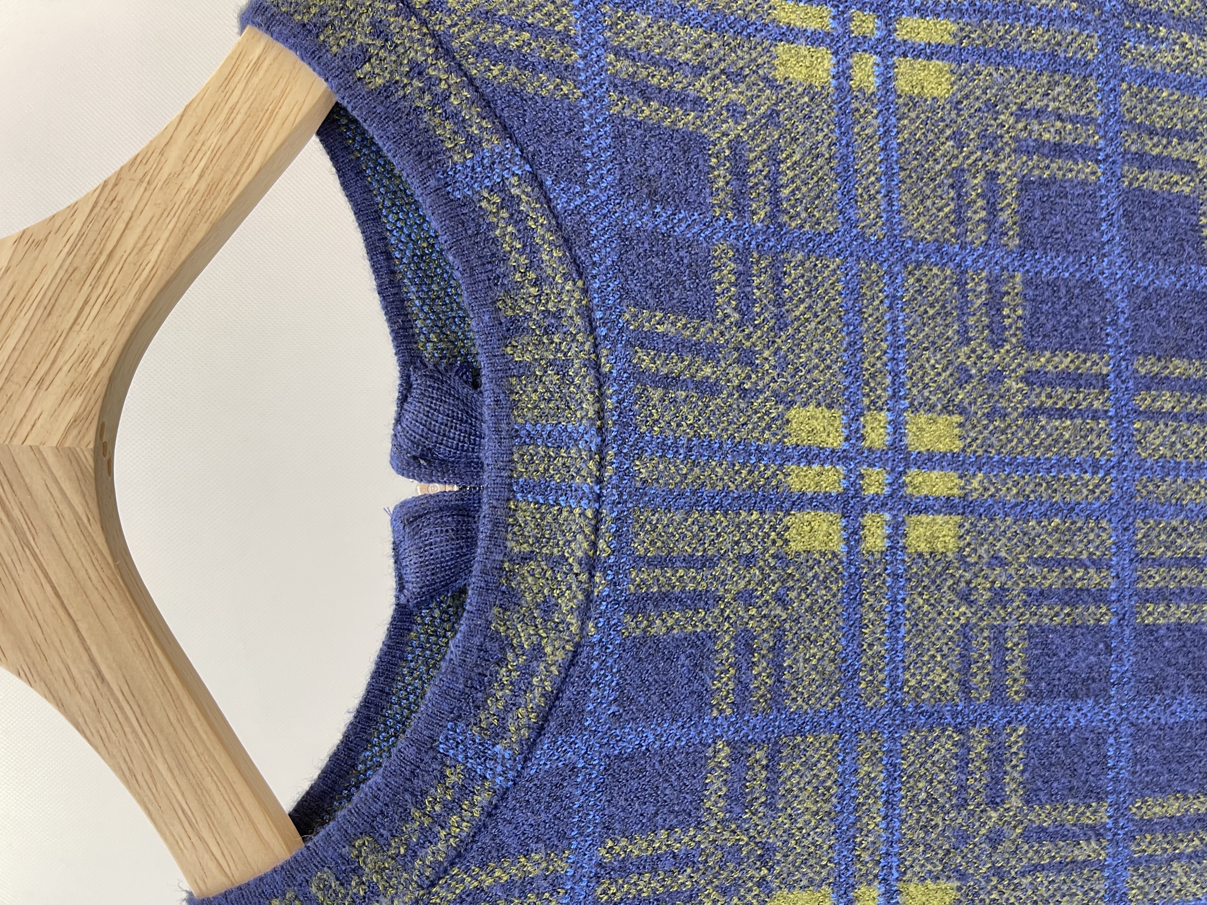 Blue and Green Checkered Knit Dress with Bell Sleeves