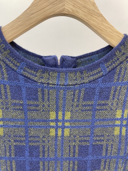 Blue and Green Checkered Knit Dress with Bell Sleeves