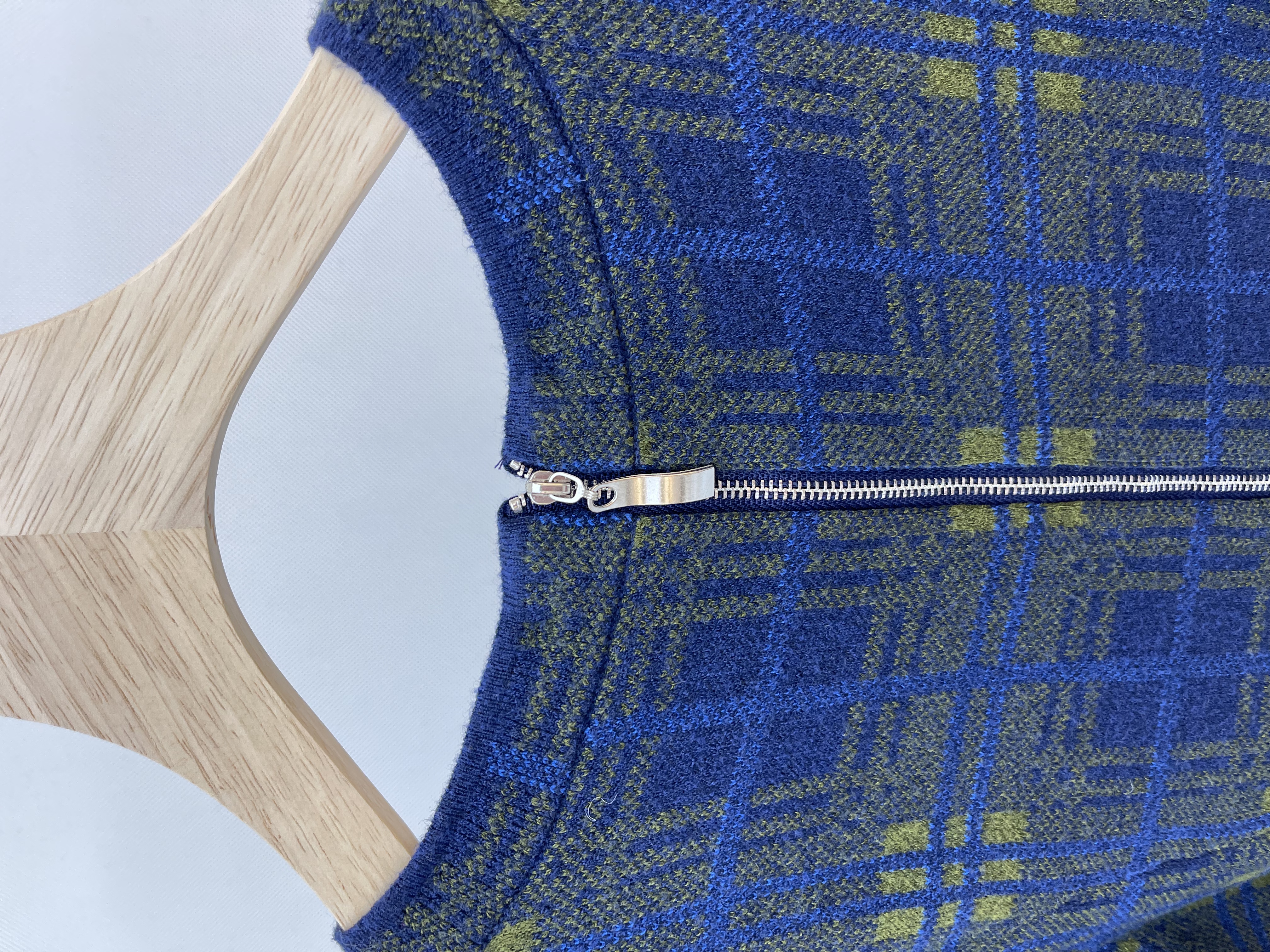 Blue and Green Checkered Knit Dress with Bell Sleeves