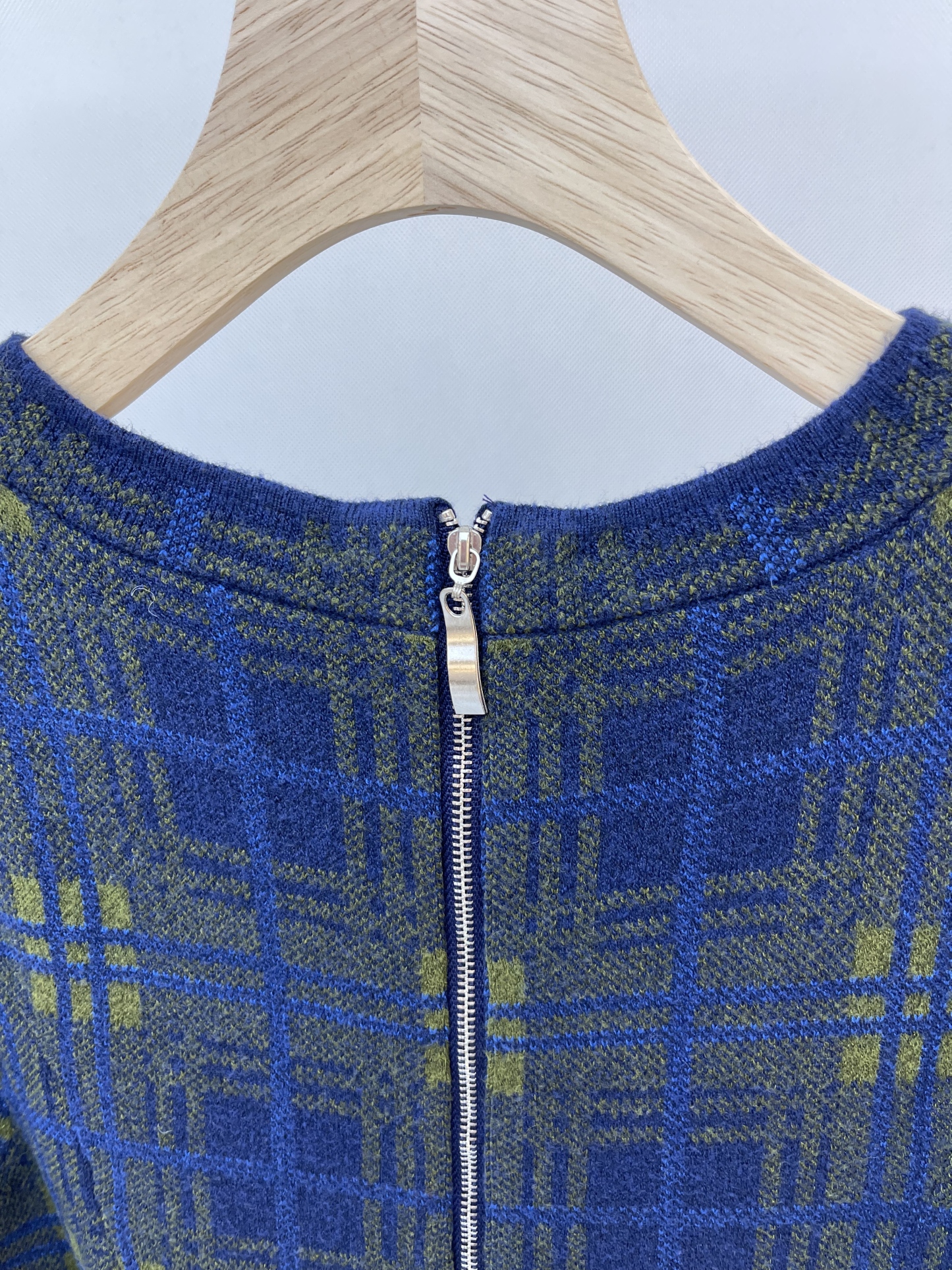 Blue and Green Checkered Knit Dress with Bell Sleeves