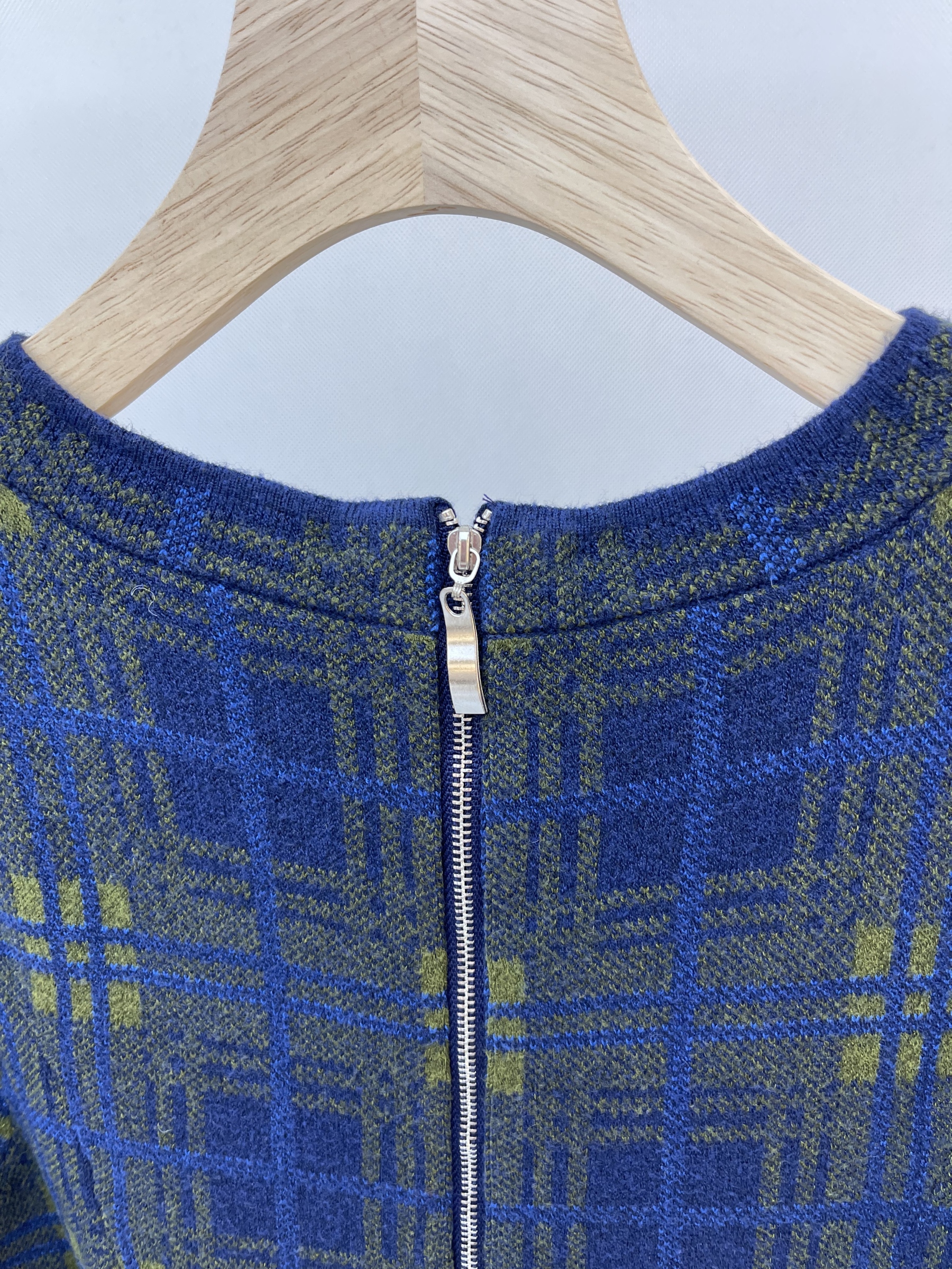 Blue and Green Checkered Knit Dress with Bell Sleeves