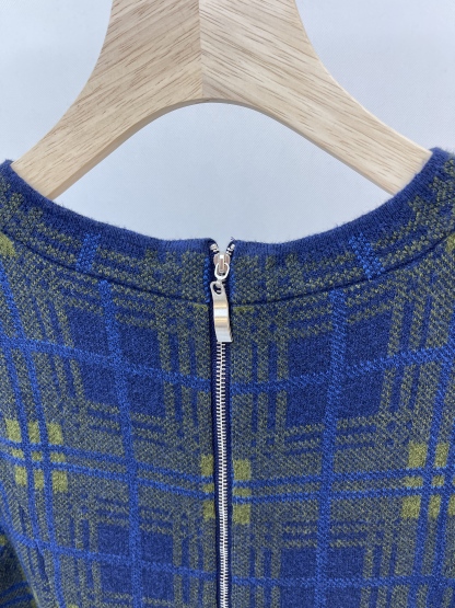 Blue and Green Checkered Knit Dress with Bell Sleeves