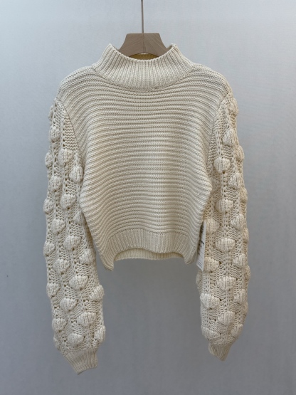 High - neck Cropped Sweater with Decorative Bobble - work Sleeves