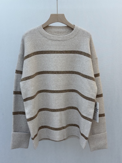Oversized Crew - neck Sweater with Metallic Stripes