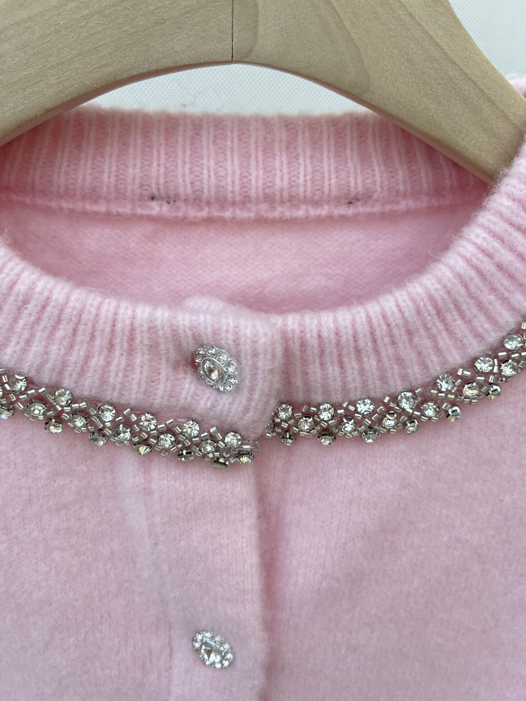Pink Cropped Cardigan with Rhinestone - Embellished Collar